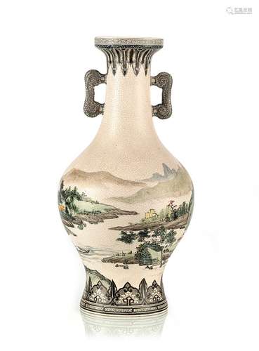 A CRACKLE-GLAZED HANDLED LANDSCAPE VASE