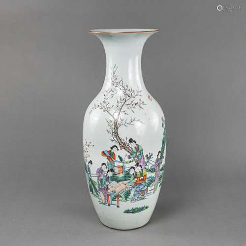 A FAMILLE ROSE INSCRIBED LADIES IN THE GARDEN PORCELAIN VASE