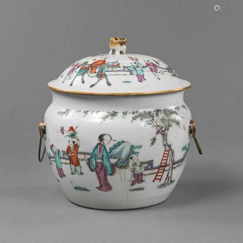 A PORCELAIN FAMILLE ROSE FIGURES AND QILIN VESSEL AND COVER