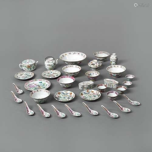 A GROUP OF 'FAMILLE ROSE' PORCELAINS WITH FLOWER A...