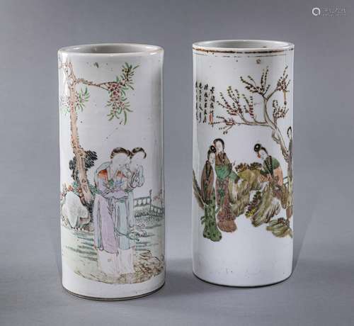 TWO CYLINDRICAL FAMILLE ROSE INSCRIBED PORCELAIN VASES WITH ...