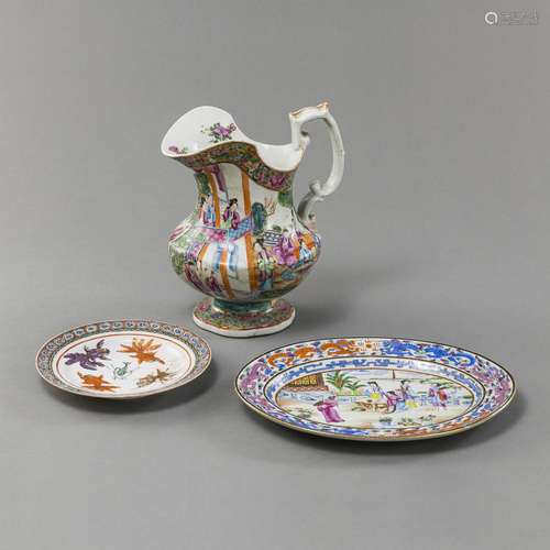 A CANTON ENAMEL FAMILLE ROSE EWER, AN OVAL CANTON PLATE AND ...