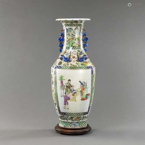 POLYCHROME PORCELAIN FLOOR VASE IN BALUSTER FORM WITH LION H...