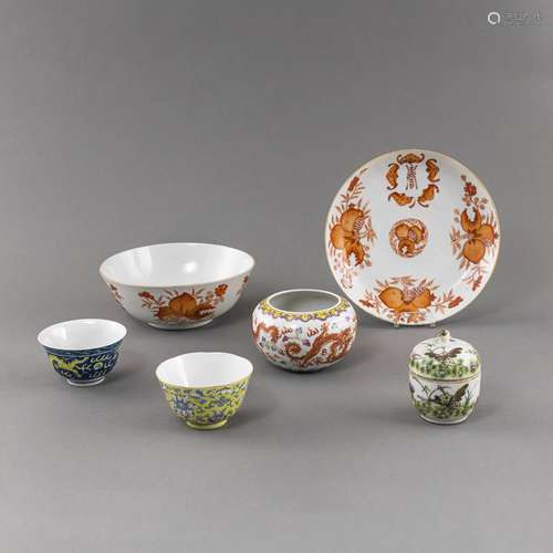 A GROUP OF SIX POLYCHROME GLAZED PORCELAINS: A BRUSH WASHER,...