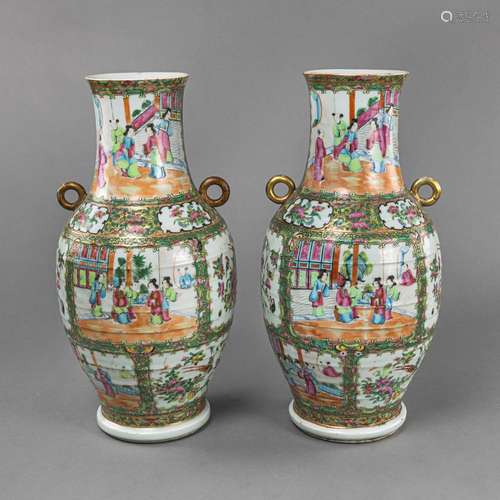 A PAIR OF CANTON ROSE FIGURAL PORCELAIN VASES