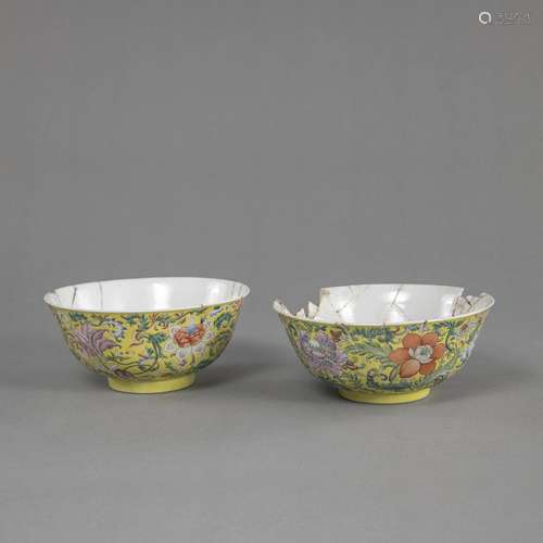 A PAIR OF FINELY PAINTED YELLOW-GROUND FLORAL AND FIVE BATS ...