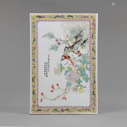 A FAMILLE ROSE BIRDS AND CHRYSANTHEMUM PORCELAIN TILE