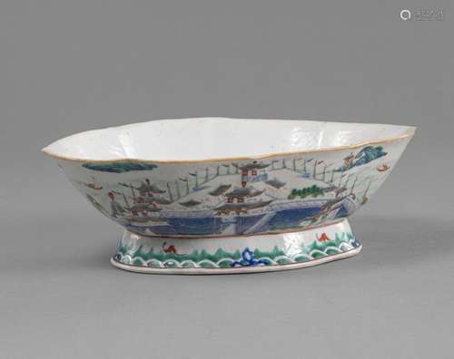 AN OVAL POLYCHROME PAINTED PORCELAIN BOWL WITH AN INSCRIBED ...