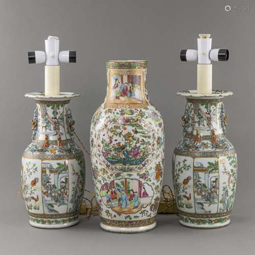 THREE PORCELAIN 'FAMILLE ROSE' CANTON VASES