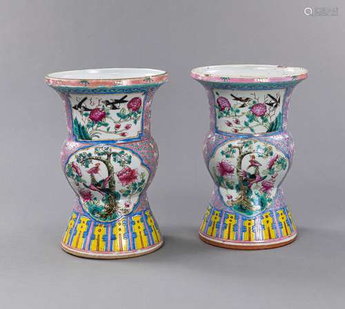 A PAIR OF GU-SHAPED FAMILLE ROSE VASES