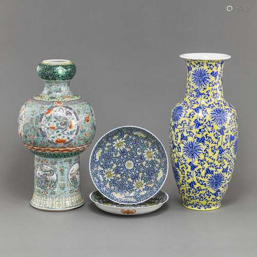 TWO POLYCHROME PAINTED PORCELAIN VASES WITH DRAGON AND LOTUS...