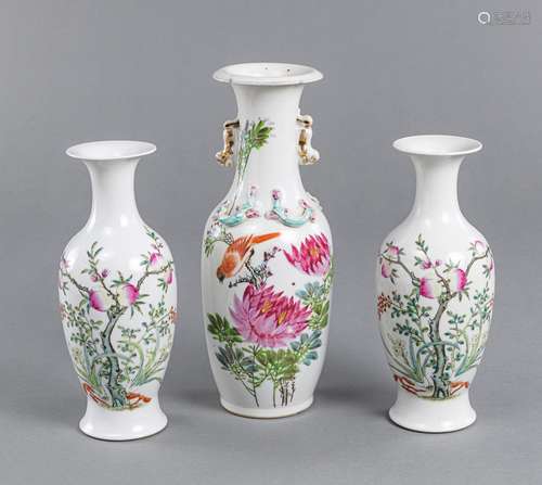 THREE FAMILLE ROSE PEACHES AND BIRD PORCELAIN VASES