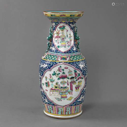 A POLYCHROME PAINTED BALUSTER VASE WITH ANTIQUE DECORATION A...