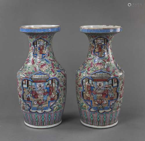 A PAIR OF 'FAMILLE ROSE' VASES WITH THEATRICAL SCE...