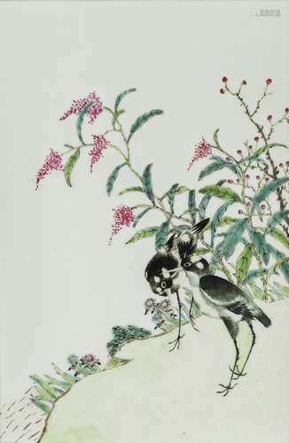 A BIRD AND FLOWER FAMILLE ROSE PORCELAIN TILE