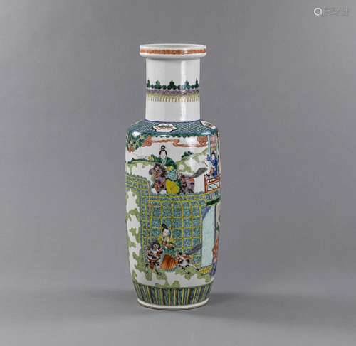 'FAMILLE VERTE' PORCELAIN ROULEAU VASE WITH A ROMA...