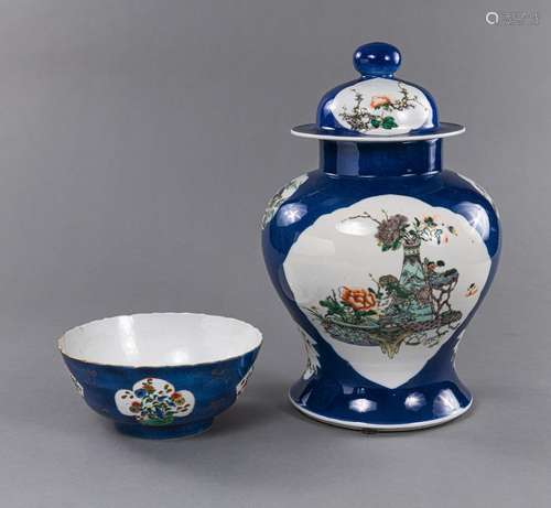 A POWDER-BLUE VASE AND COVER AND A BOWL