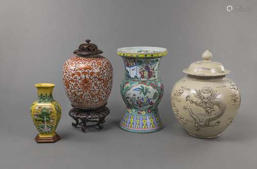 FOUR PORCELAIN VASES WITH POLYCHROME AND SLIP-DECORATED DRAG...