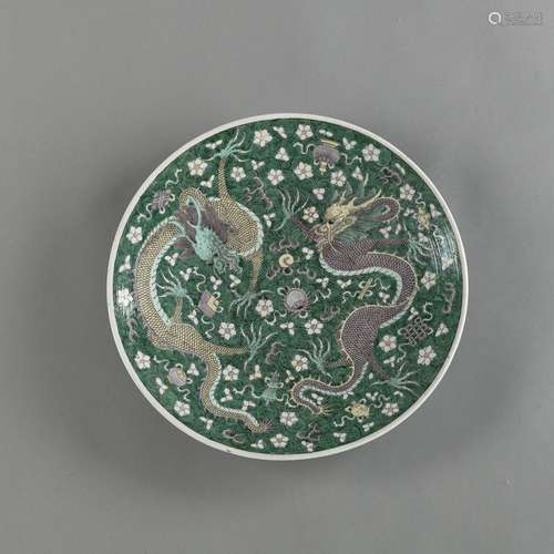 A TWIN DRAGON GREEN-GROUND PORCELAIN CHARGER