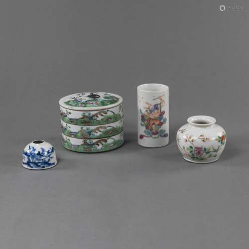 FOUR POLYCHROME PAINTED PORCELAINS: A THREE-PART STACKING BO...