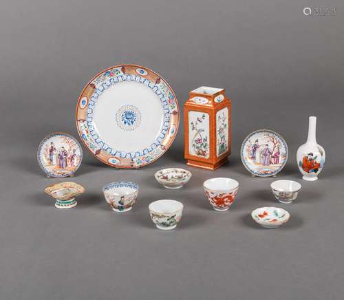 A GROUP OF POLYCHROME PORCELAINS, E.G. SQUARE VASE, EXPORT P...