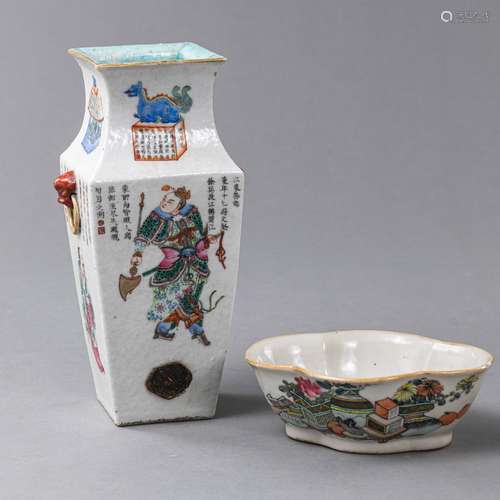 A SQUARE FIGURAL AND INSCRIBED PORCELAIN VASE AND A QUADRILO...