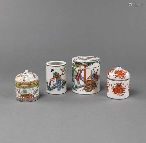 THREE BOXES AND COVERS AND A BRUSH POT, WITH FAMILLE ROSE FI...