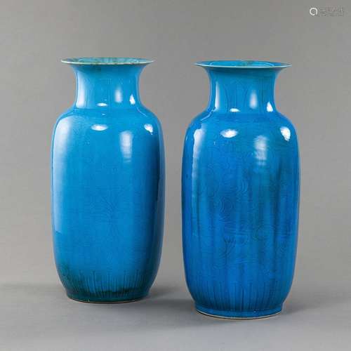 TWO TURQUOISE GLAZED PORCELAIN BALUSTER VASES WITH ENGRAVED ...