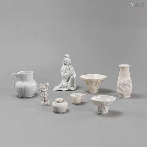 SIX 'BLANC DE CHINE' WORKS, A MARBLE LINGZHI VASE,...