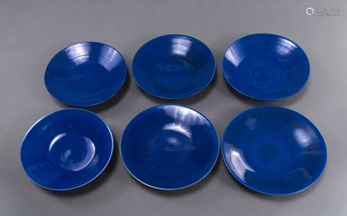 SIX MONOCHROME BLUE PORCELAIN PLATES