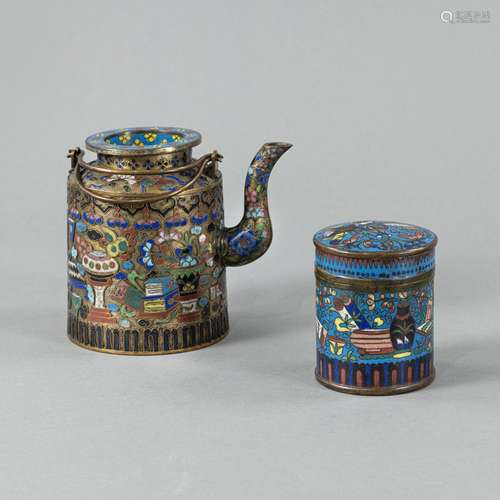 A CLOISONNÉ-ENAMEL BOX AND COVER AND TEAPOT DECORATED WITH A...