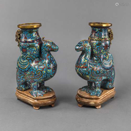 A PAIR OF CLOISONNÉ-ENAMEL MYTHIC BEAST VASES