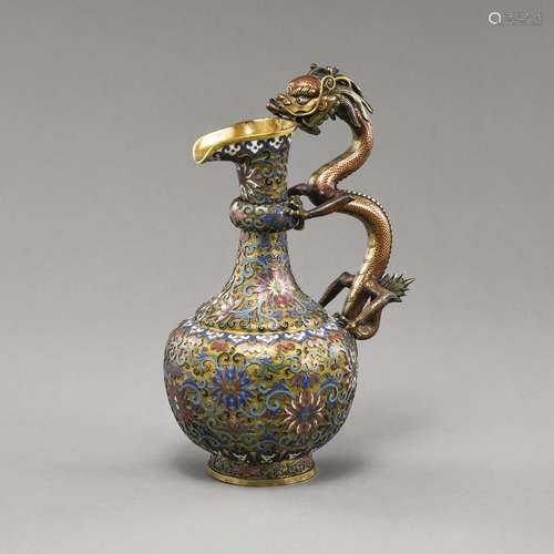 CHAMPLEVÉ JUG WITH LOTUS DECORATION AND DRAGON HANDLE