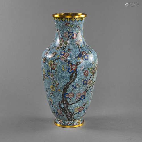 A CLOISONNÉ VASE DECORATED WITH A BLOSSOMING PLUM TREE AND M...