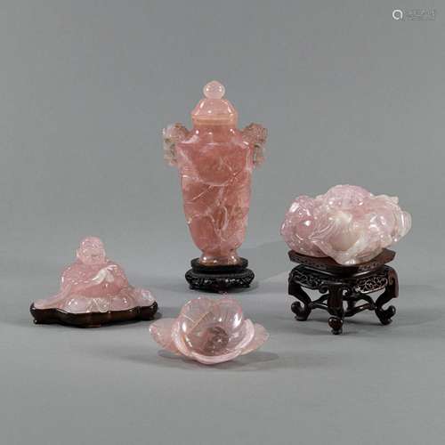 A GROUP OF FOUR ROSE-QUARTZ CARVINGS