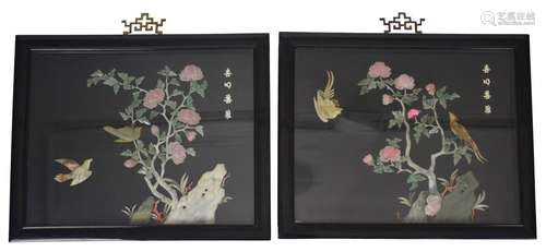 TWO FRAMED SOAPSTONE-INLAID RELIEFS