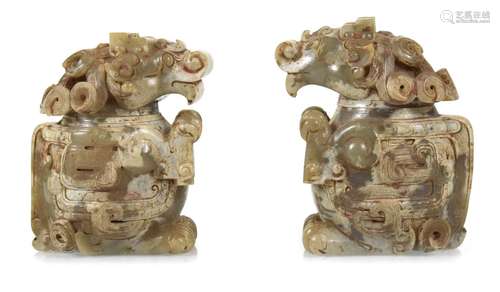 TWO CARVED JADE LION-SHAPED LIDDED VESSELS