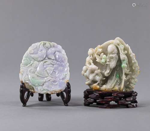 TWO JADEITE CARVINGS OF SHOULAO WITH DEER AND CARPS WITH LOT...