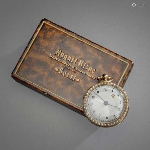 A FINE BLUE ENAMEL LADIES POCKET WATCH WITH PEARL INLAYS