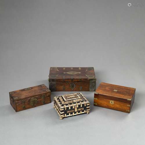 FOUR PARTIALLY METAL-FITTED WOOD BOXES WITH INLAYS