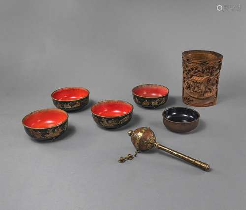 A BAMBOO SCHOLARS IN RELIEF BRUSHPOT, A PRAYER WHEEL, AND FI...