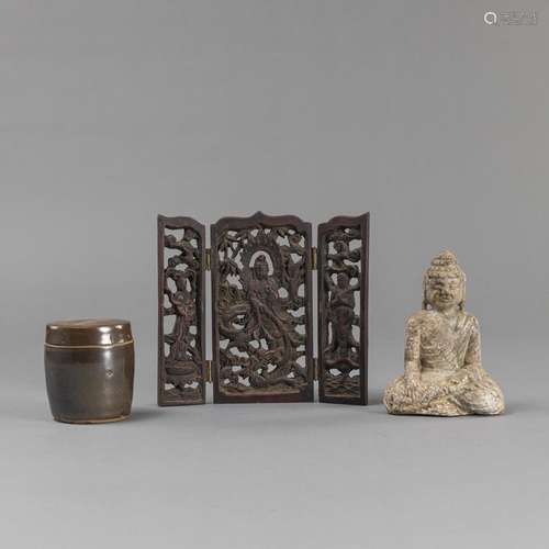 A STONE FIGURE OF BUDDHA, A GUANYIN RELIEF TABLE SCREEN, AND...