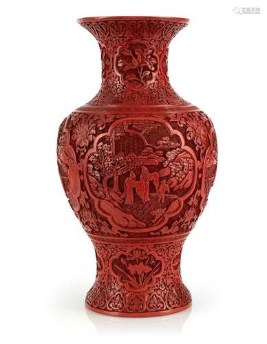 A RED-LACQUER VASE WITH CARVED LITERATI SCENES