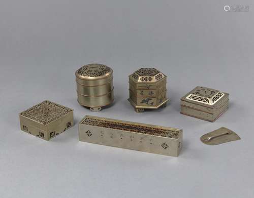 FIVE PARTIALLY INSCRIBED PAKTONG INCENSE CASES AND ONE UTENS...