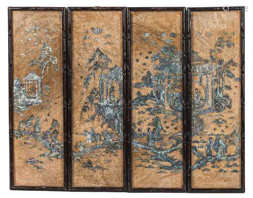 FOUR FRAMED SOAPSTONE PANELS INLAID WITH MOTHER-OF-PEARL GAR...