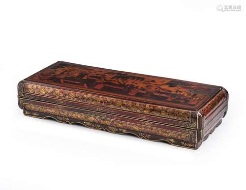 A LACQUER-DECORATED COURT SCENE LIDDED BOX