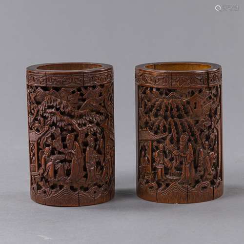 TWO FIGURAL INSCRIBED BAMBOO BRUSH POTS