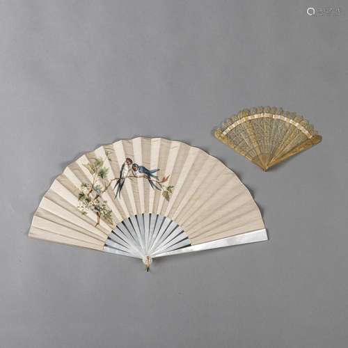 TWO MOTHER OF PEARL AND HORN FANS WITH OPENWORK AND PAINTED ...