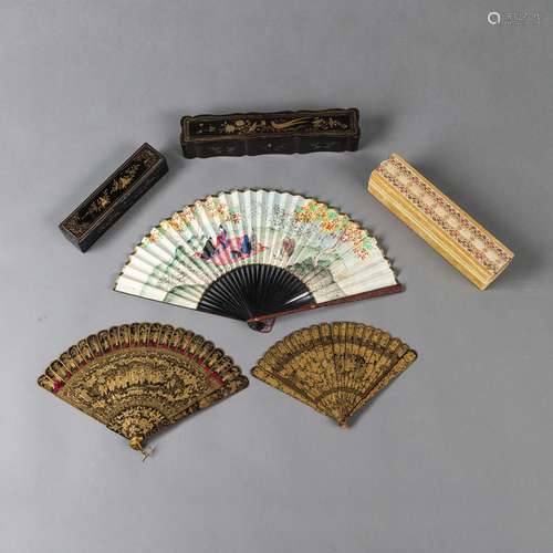 THREE LACQUER FANS AND THREE FAN CASES