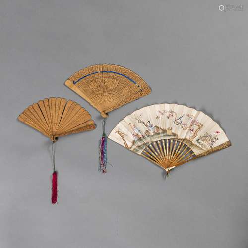 TWO OPENWORK WOOD FANS AND ONE FAN WITH FIGURAL PAINTING